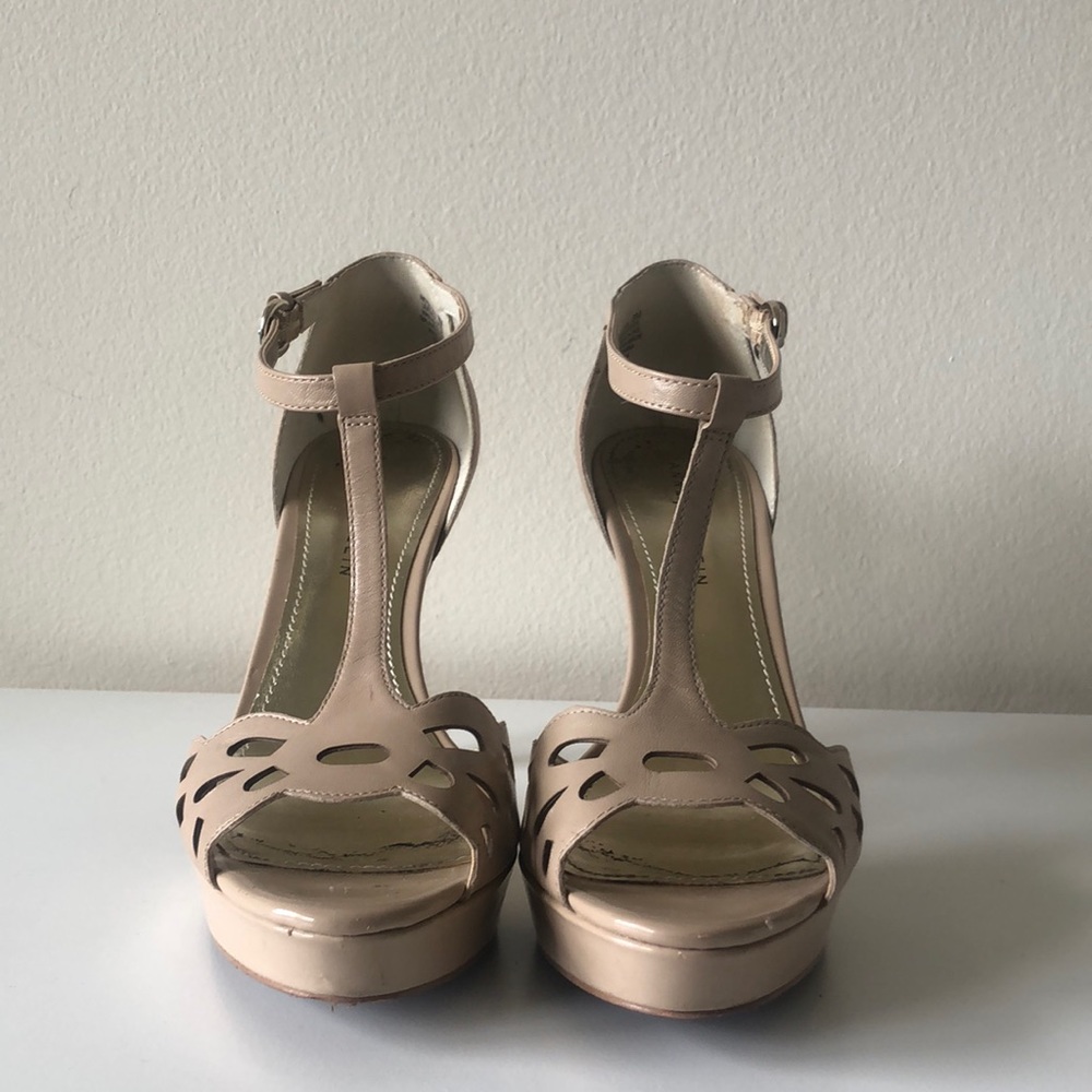 Nude t strap heels